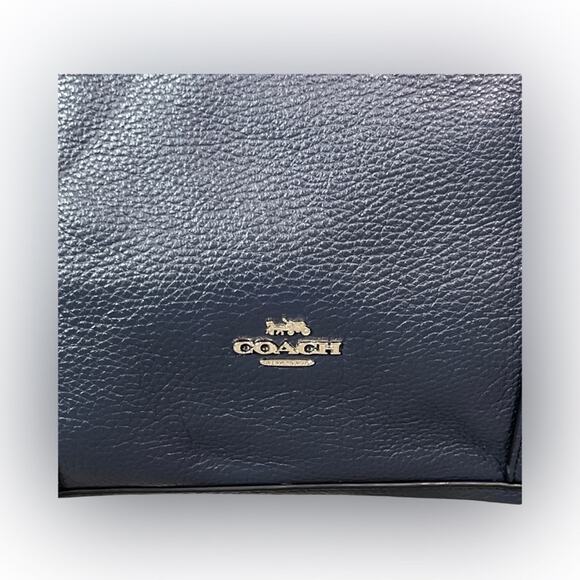 Coach May Navy Blue Pebbled Leather Tote Shoulder Bag Two Tone Light Blue Trim - Picture 2 of 15